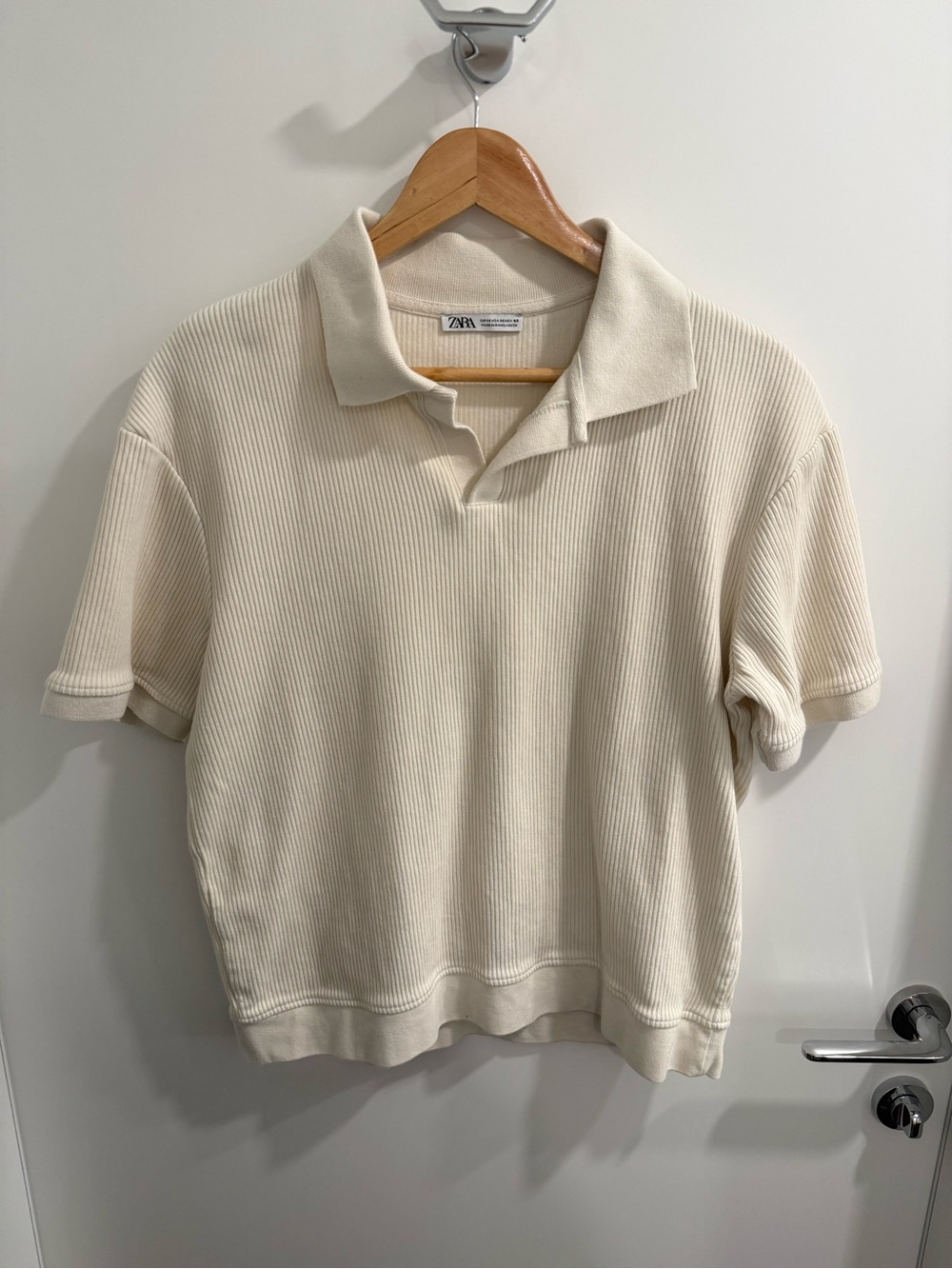 Zara Off-White Ribbed Short-Sleeve Polo